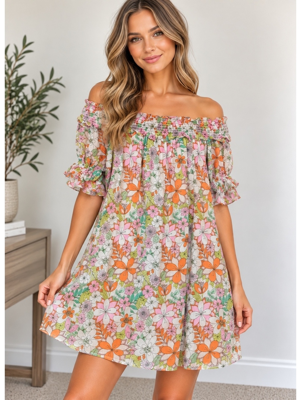 NWT CeCe Sweet Pink Floral Off Shoulder Ruffle Dress Size 0
